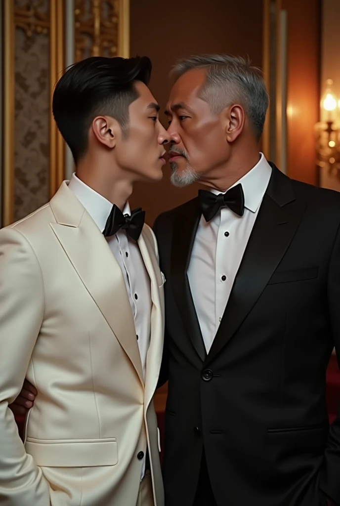 a handsome korean gentleman, 27 years old, groom in formal white hsuit and bow tie, wedding ceremony, provocative and erotic pose, luxurious wedding hall, armpit sweat, Vietnamese scenery, professional attire, handsome and elegant, abstinence sexy, , masculine and handsome, muscular, beautiful looking muscles, white skin, black eyes (1:3 thin eyes), full body photo, erotic face, firm chest, provocative, sexy, intimate with mature vietnamese father-in-law, wearing black suit, muscular, 65 years old