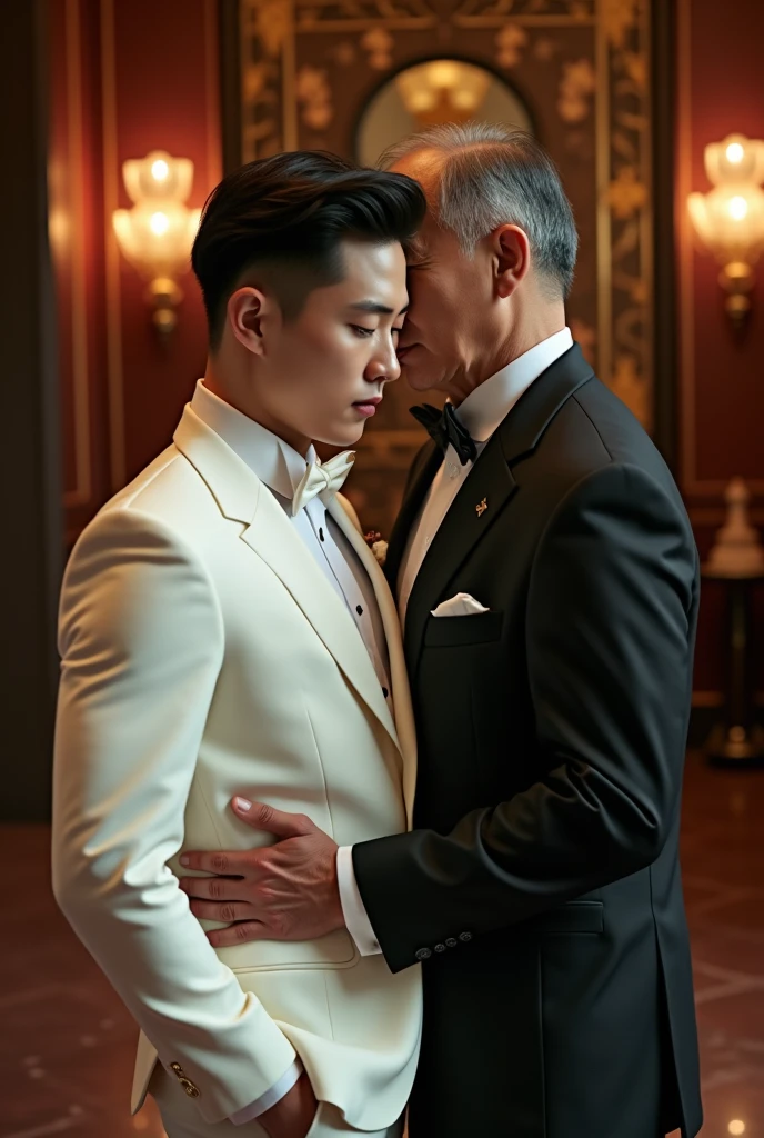 a handsome korean gentleman, 27 years old, groom in formal white hsuit and bow tie, wedding ceremony, provocative and erotic pose, luxurious wedding hall, armpit sweat, Vietnamese scenery, professional attire, handsome and elegant, abstinence sexy, , masculine and handsome, muscular, beautiful looking muscles, white skin, black eyes (1:3 thin eyes), full body photo, erotic face, firm chest, provocative, sexy, intimate with mature vietnamese father-in-law, wearing black suit, muscular, 65 years old