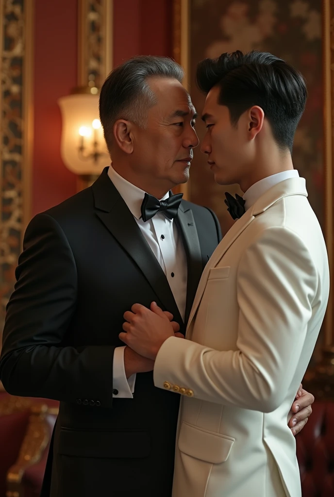 a handsome korean gentleman, 27 years old, groom in formal white hsuit and bow tie, wedding ceremony, provocative and erotic pose, luxurious wedding hall, armpit sweat, Vietnamese scenery, professional attire, handsome and elegant, abstinence sexy, , masculine and handsome, muscular, beautiful looking muscles, white skin, black eyes (1:3 thin eyes), full body photo, erotic face, firm chest, provocative, sexy, intimate with mature vietnamese father-in-law, wearing black suit, muscular, 65 years old