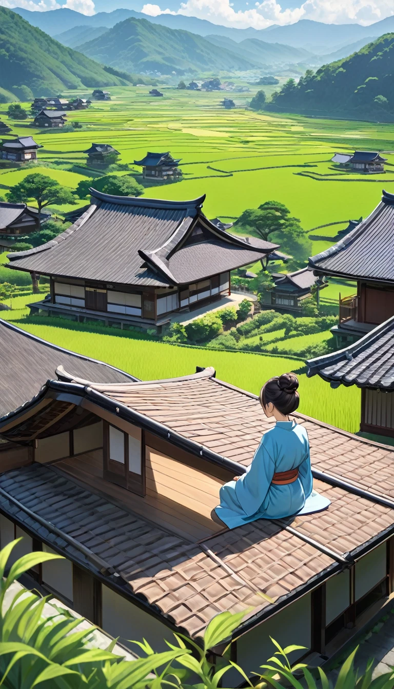 A serene landscape during daylight, featuring a person with a top bun hairstyle, dressed in a light blue robe, sitting in a meditative pose on the edge of a traditional tiled roof. Below, a vast rural village with traditional Japanese-style houses and rice paddies extends into the distance, surrounded by lush green hills. The sky is clear with a few scattered clouds, and the overall atmosphere is peaceful and contemplative, evoking a sense of tranquility and connection with nature.--ar 3:2 --niji 6