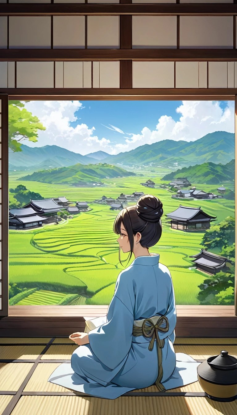 A serene landscape during daylight, featuring a person with a top bun hairstyle, dressed in a light blue robe, sitting in a meditative pose on the edge of a traditional tiled roof. Below, a vast rural village with traditional Japanese-style houses and rice paddies extends into the distance, surrounded by lush green hills. The sky is clear with a few scattered clouds, and the overall atmosphere is peaceful and contemplative, evoking a sense of tranquility and connection with nature.--ar 3:2 --niji 6
