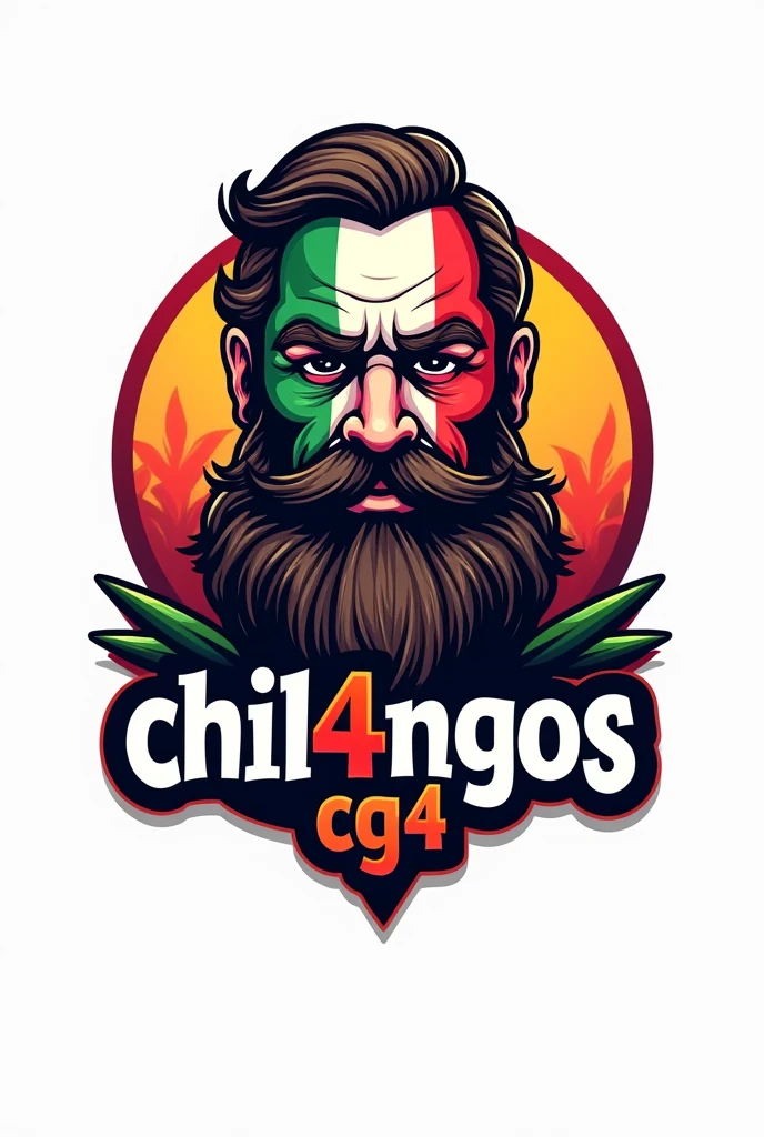 Create a logo in the style of Free Fire with a white background and a Mexican flag with an old man's beard that says 'chil4ngos' and below it some initials that say 'cg4'

