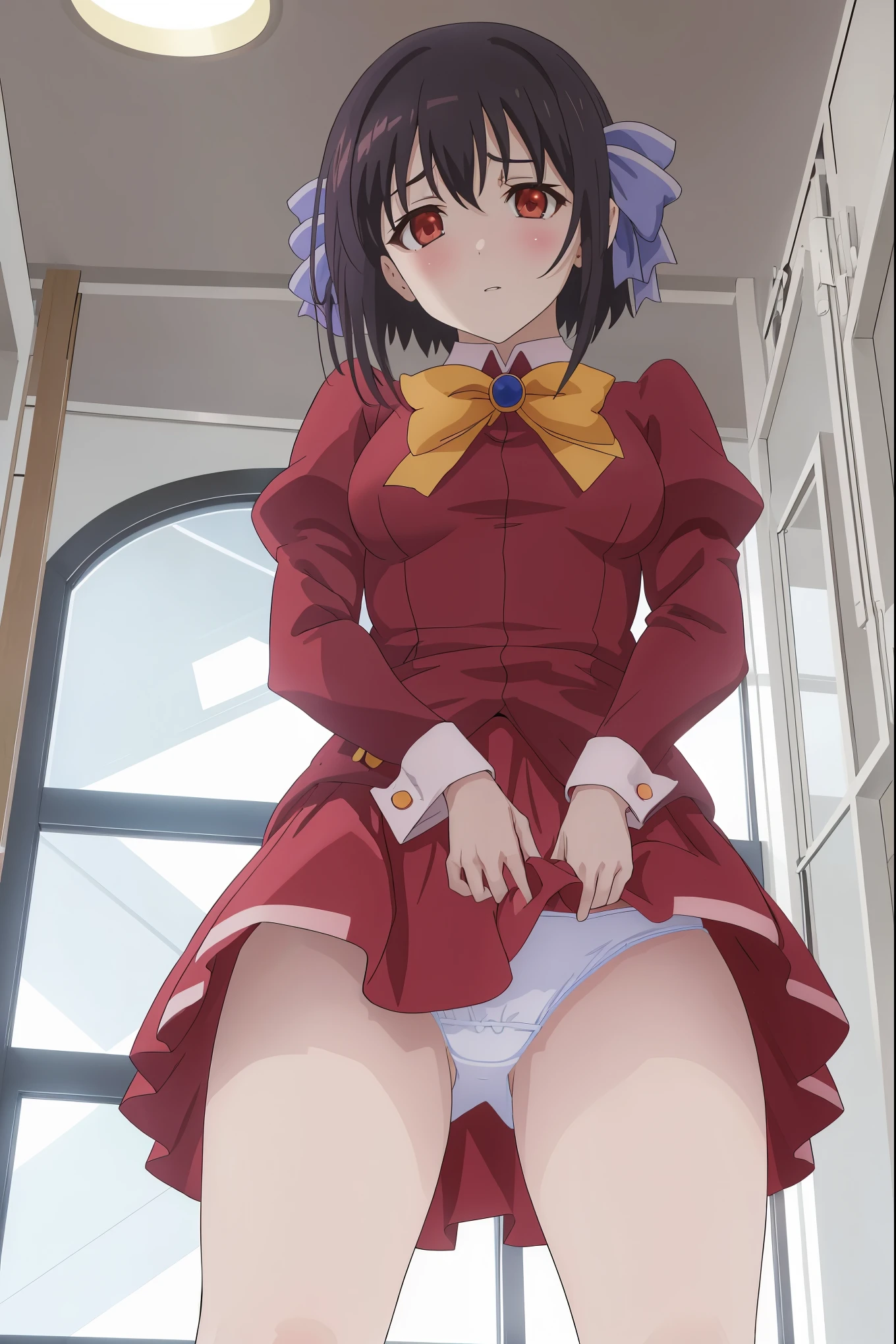 NSFW,1girl in,standing,((From below)),Looking at Viewer,Tomomi_Xijing, bow ribbon, Short hair, School uniform,red school uniform,Winter clothes,Long sleeves,Long skirt,Panties,Perfect Lighting,1girl in,, up skirt,Best Quality,Skirt lift,embarrassed,anime screen cap,Flat color,cel shading,(tucking up the skirt),Panties,short torso,Show panties,pantyshot,up skirt,open legs