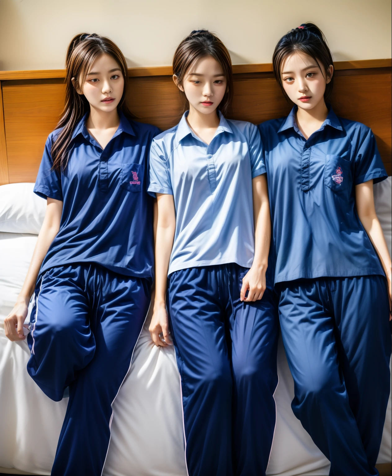 3 girls sleep on bed, Navy blue short-sleeved shirt,Navy Long Trackpant,Sweatpants, Sweatpantsขายาว,25 year old girl, lesbian, sexy, exercise clothes, wet body, exercise clothes