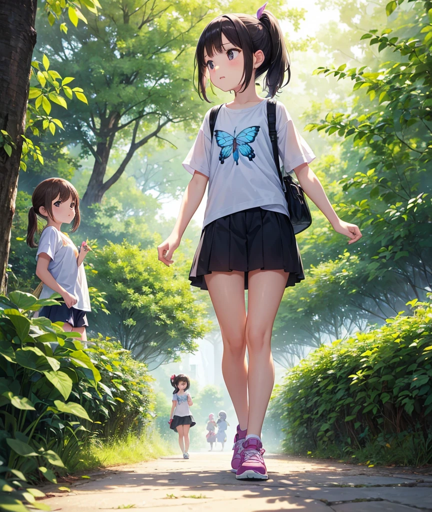 In the image, two young girls are walking on a paved path surrounded by lush greenery. The path is in a peaceful park setting, lined with tall grasses on both sides and shaded by trees in the background. The older girl, who appears to be around 7 or 8 years old, is on the left side of the image. She has long, dark hair tied in a low ponytail, and she is wearing a light purple T-shirt with a cute graphic on the front, a black skirt, and light blue sneakers. She is holding a large white butterfly net over her shoulder, which adds a sense of adventure and curiosity to the scene.

The younger girl, who is around 4 or 5 years old, walks beside her on the right. She has two pigtails, each secured with small hair clips, and is dressed in a light purple T-shirt featuring a bunny, paired with coral-colored shorts and white sneakers. In her right hand, she holds a blue butterfly net, similar to the older girl’s, and in her left hand, she carries a small, transparent container, possibly for catching insects.

The setting sun casts a soft, warm light over the scene, illuminating the girls and the surrounding greenery. The background reveals dense trees with light filtering through, creating a serene and almost magical atmosphere. The overall mood is one of exploration and childhood innocence, with the girls seemingly on a small adventure, perhaps searching for butterflies or other small creatures on this peaceful summer day.