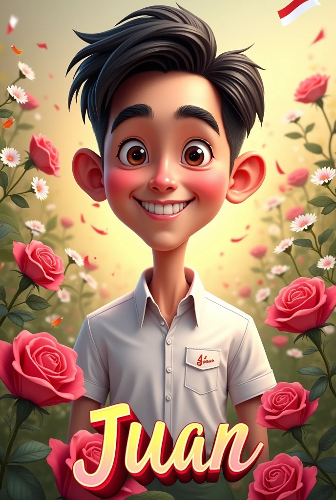 4D caricature, a handsome 15 year old man from Indonesia wearing a teacher's white uniform, with an enthusiastic expression, smiling and optimizing face, in the background there are filled with a series of roses, jasmine and a splash of the Indonesian flag, below it using a bold font is written Juan, realistic, HD