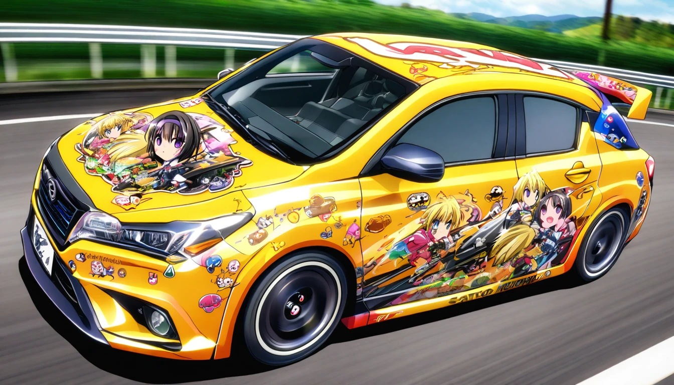 Car photography, Anime Character Decoration Car, A vibrant anime character decal is designed on the front door of the car., Satoko Hojo, (blonde), short hair, Purple Eyes, Black hair band,