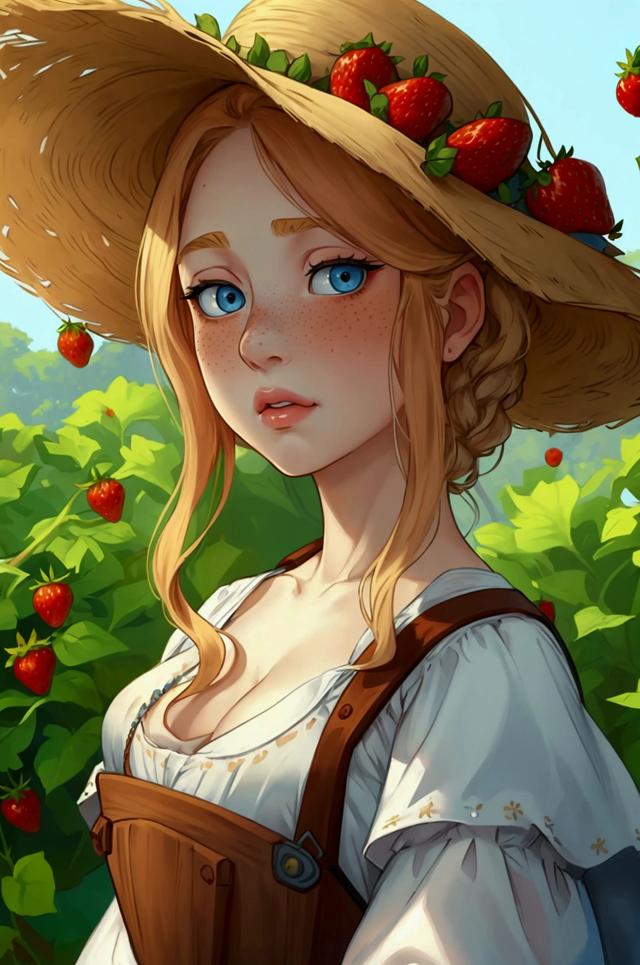 (masterpiece), best quality, expressive eyes, young girl, american, strawberry blonde, long wavy hair, light blue eyes, freckles, white skin, Big tits, big ass, thin, peasant clothes, western, adorable expression, blushing, farmer dress, sexy amish girl