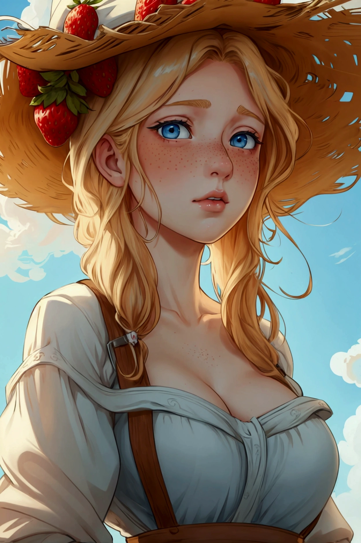 (masterpiece), best quality, expressive eyes, young girl, american, strawberry blonde, long wavy hair, light blue eyes, freckles, white skin, Big tits, big ass, thin, peasant clothes, western, adorable expression, blushing, farmer dress, sexy amish girl