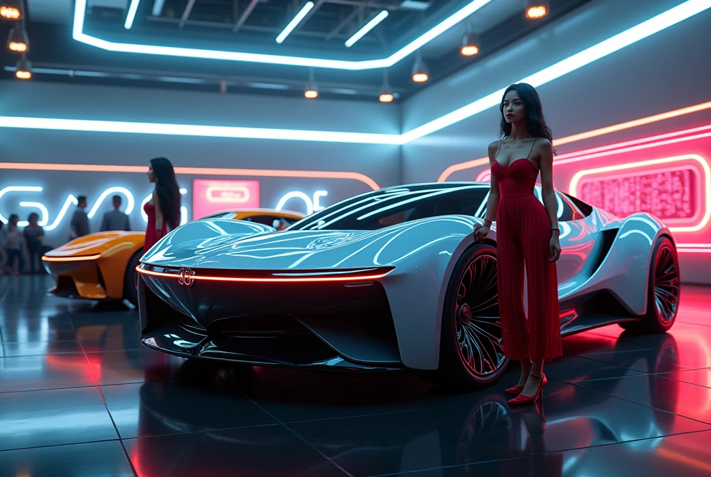 (Highest quality,Extremely detailed depiction,Incredibly absurd high resolution),Cars displayed at the motor show:1.3,Near-future automobiles:1.3,Sexy companions around the cars,Movie Posters,