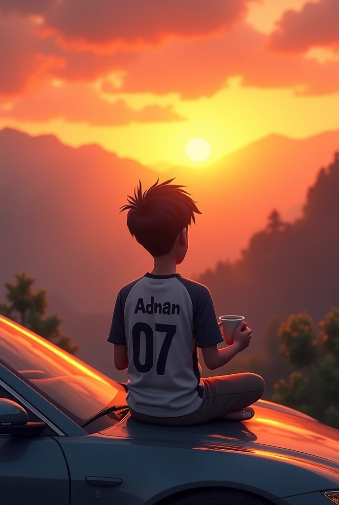 Make an animated image of a boy who is sitting on the roof of  the luxury car from backside he is wearing a jersey with a name of Adnan 07 who is enjoying his coffee , and seeing the view of sunset of kashmir