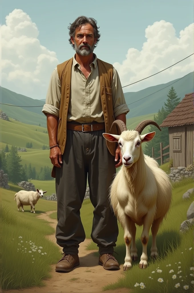 A man poses next to a goat