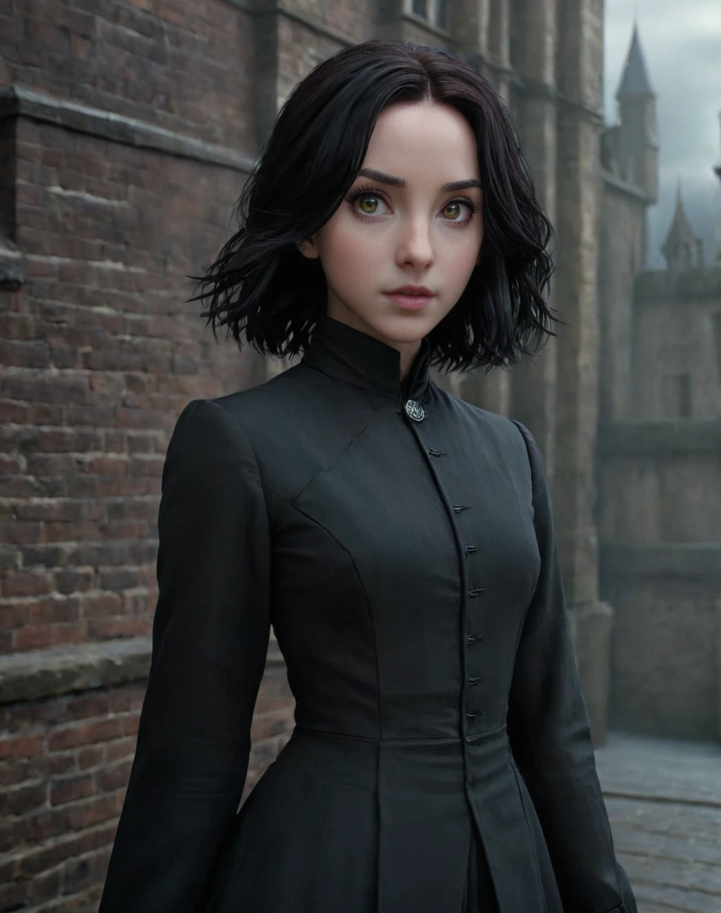 11 years old daughter of Severus Snape,girl, has Lily's large, expressive eyes, but with an intense, almost reptilian glow, similar to Orochimaru with a more exotic hue like yellow. dark and abundant hair, like Snape's, but with coppery highlights it has an unusual texture, how to be thicker, His skin is pale, like Snape's, but with a slightly olive tone, present a scaly texture. facial features: He would combine Snape's angular features with Lily's softness. has a sharp nose, thin lips and a defined jaw, but with a softer and kinder expression. The cheekbones could be high and prominent, and his eyebrows could have a slight upward curve, giving it an enigmatic appearance. body: He would likely have a slender and athletic build, with an upright posture and graceful movements.