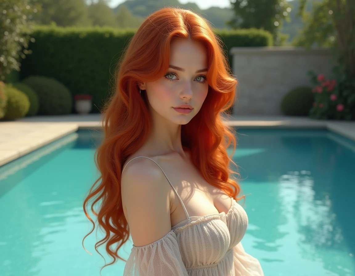Create an image of a beautiful redhead woman, put her hair down to her legs, looking at the photo, near the pool