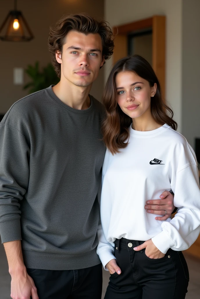 Mia Styles was a daughter from a famous singer Harry Styles, she was er teenager girl, she look like her dad from eyes, lips, smiles and her eyes colour were blue, brown hair, pale white skin, beautiful, wearing Nike logo white sweater in the middle of black bootcut pants. She is standing beside her father who wear casual wear. Her dad was Harry Styles. Her dad look up straight to the camera and place her hand on her shoulder, she smiles and look at camera with piss pose. Her height 153 she was short than her dad