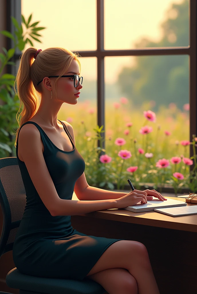 A young professional, 20-year-old blonde bombshell, sits poised at her desk in an office setting, her long locks now tied back in a sleek ponytail. The fitted, knee-length business dress accentuates her curves, while nylon stockings add a touch of sophistication to her ensemble. Her glasses perch delicately on the end of her nose as she gazes wistfully out the window, where the soft light of dusk casts a warm glow over a vibrant meadow in full bloom. Flowers swirl through the air outside, their petals dancing in the gentle breeze as the camera captures this tranquil scene with a sense of serenity and anticipation.