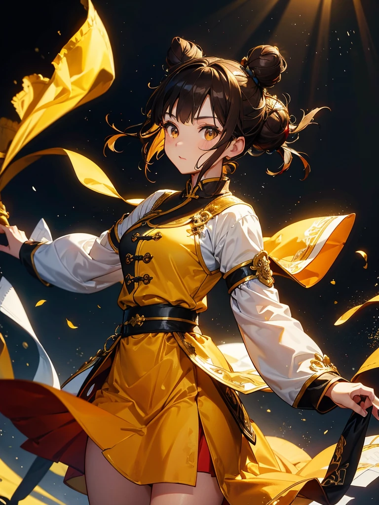 China-style clothing, In the spotlight, Black Background, fantasy class,Bun Hair,Brown Hair, Cowboy Shot,Looking_in_Audience, White and yellow clothes