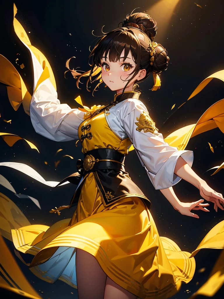 China-style clothing, In the spotlight, Black Background, fantasy class,Bun Hair,Brown Hair, Cowboy Shot,Looking_in_Audience, White and yellow clothes