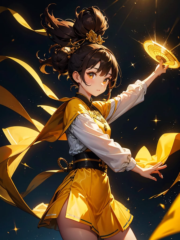 China-style clothing, In the spotlight, Black Background, fantasy class,Bun Hair,Brown Hair, Cowboy Shot,Looking_in_Audience, White and yellow clothes