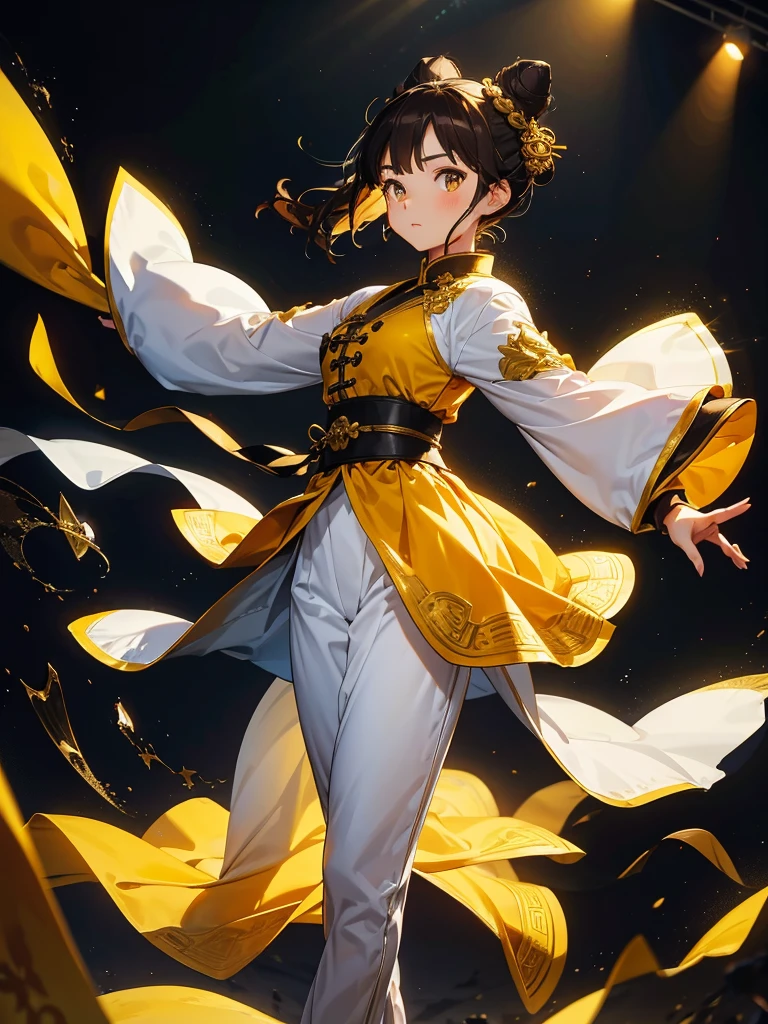 China-style clothing, In the spotlight, Black Background, fantasy class,Bun Hair,Brown Hair, Cowboy Shot,Looking_in_Audience, White and yellow clothes