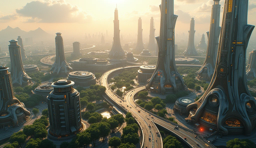 ((masterpiece, highest quality, best image quality, High resolution, realistic, RAW photo, 8k)), (Helicopter shot, Looking down on the sci-fi futuristic city at daytime from above:1.3), 