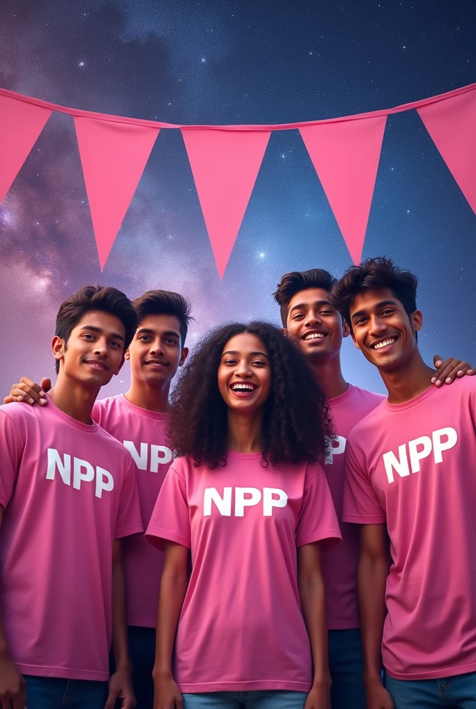Word "Npp WIN" Sri Lankan young peoples with NPP printed pink color t shirt, pink color 5 bunting strips in universe