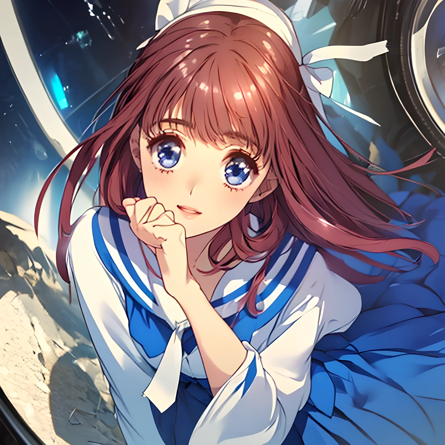 (masterpiece, Highest quality: 1.2), (Very beautiful fantasy digital artwork: 1.0), (A cutely smiling daughter of Venus: 0.3), (A smiling wearing a sailor uniform, Glossy lips, Beautiful white hands and feet: 1.0), (Beautiful glossy pink super long hair, Trimmed bangs), (Navy blue sailor dress, Navy blue collar of sailor suit, dark blue jacket, Dark blue sleeves, A long, navy blue pleated skirt, crimson scarf, Dark brown loafers:1.2), (Large cute blue eyes as beautiful as Venus with cutely detailed: 1.6), (She Looking at me and laughing at me: 1.3), (The background is a swirling mass of very girly ribbons, girly skirts, and flowers: 1.2)