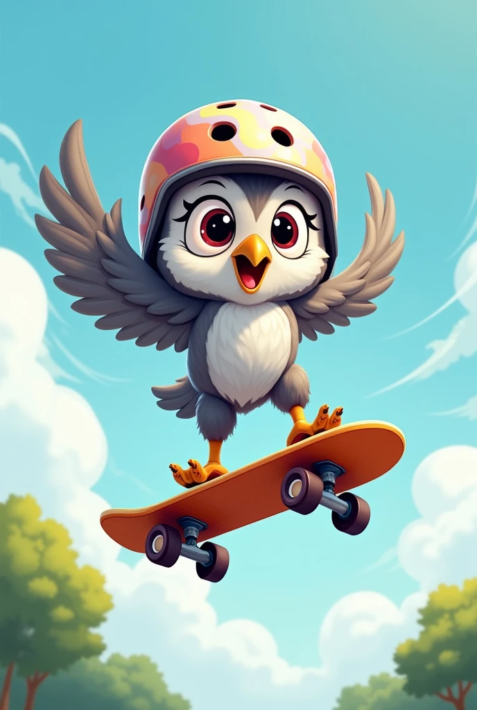 Create a cartoon-style image of an gray-furred owl skateboarding. The gray-furred owl should be mid-air, performing a jump on its skateboard. The owl is wearing a helmet for safety, and the scene should capture the dynamic motion of the jump. The overall style should be playful and vibrant, with attention to the owl's expressive features and the colorful skateboard.