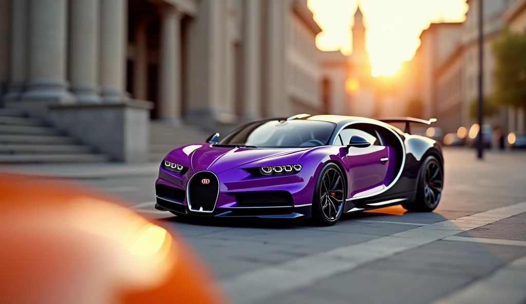 tilt shift photography, high angle shot of a purple bugatti chiron with orange parked in front of a building, afternoon, professional photography