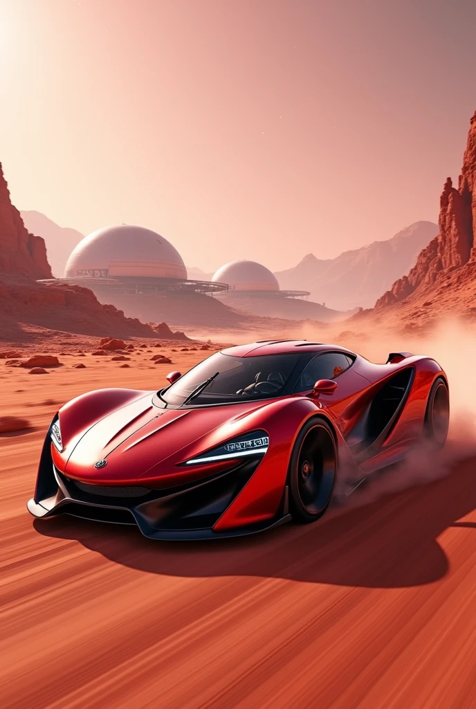 Create a hyper-realistic image of a luxury sports car moving at high speed in a Mars colony. The car should be sleek and aerodynamic, painted in a vibrant metallic red color with futuristic design elements. Place the car on a dusty Martian road with domed habitats, advanced structures, and red rocky terrain in the background. Include slight motion blur on the wheels and the road to emphasize speed. The sky should have a pinkish hue with distant stars visible, creating a dynamic and otherworldly atmosphere.