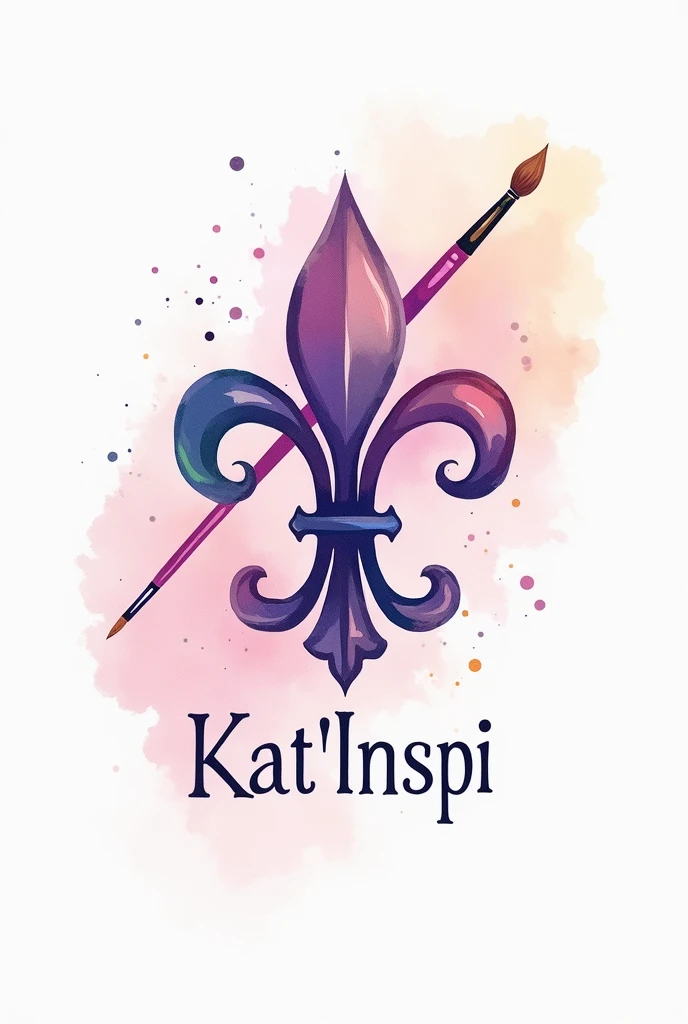 A logo with a real fleur-de-lis in watercolor, a brush, all in pastel tones and the name “Kat&#39;Inspi”