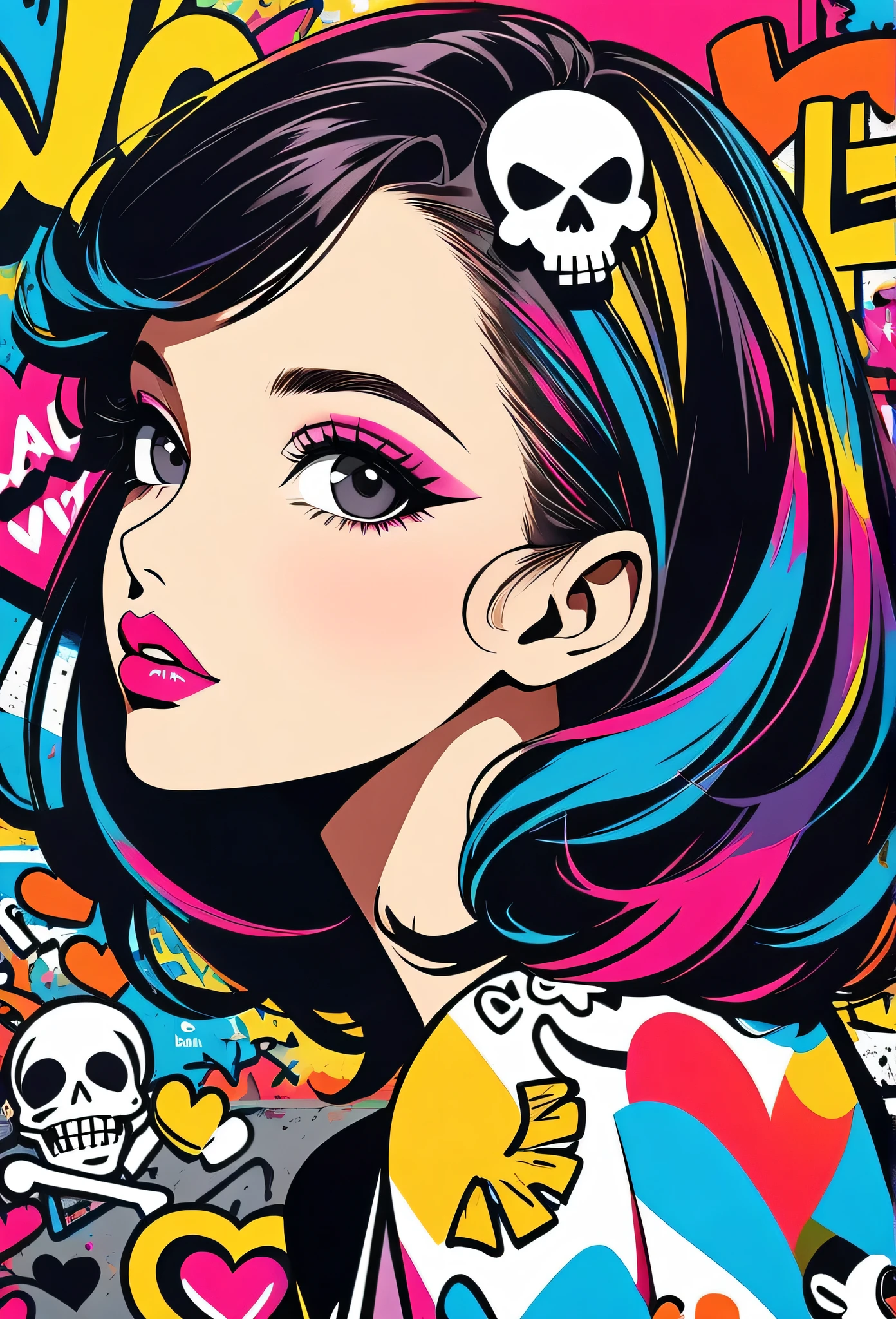 Ultra-realism Keith Haring colorful style, Simple Line Initialism,Abstract art,(((The most beautiful girl of all time))), Sweet face. Lips in love, colorful hearts, stylish design, Summer Skull fashion, Dark Eyes, Graffiti on the wal