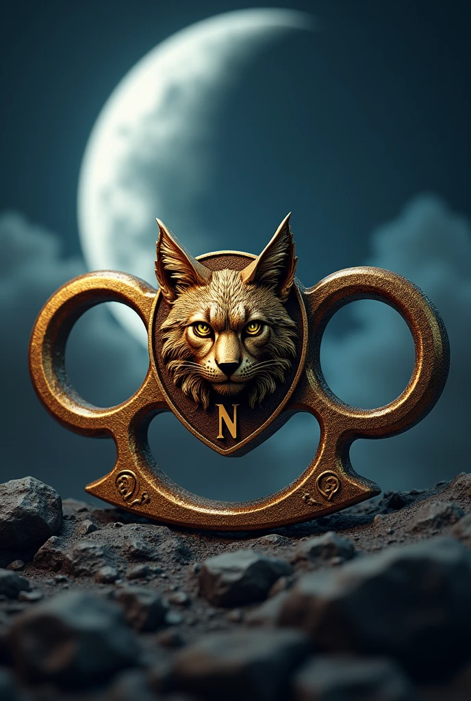 I want a realistic representation of a brass knuckle with a symbol of a lynx with a shield with a central N and a background with a crescent moon