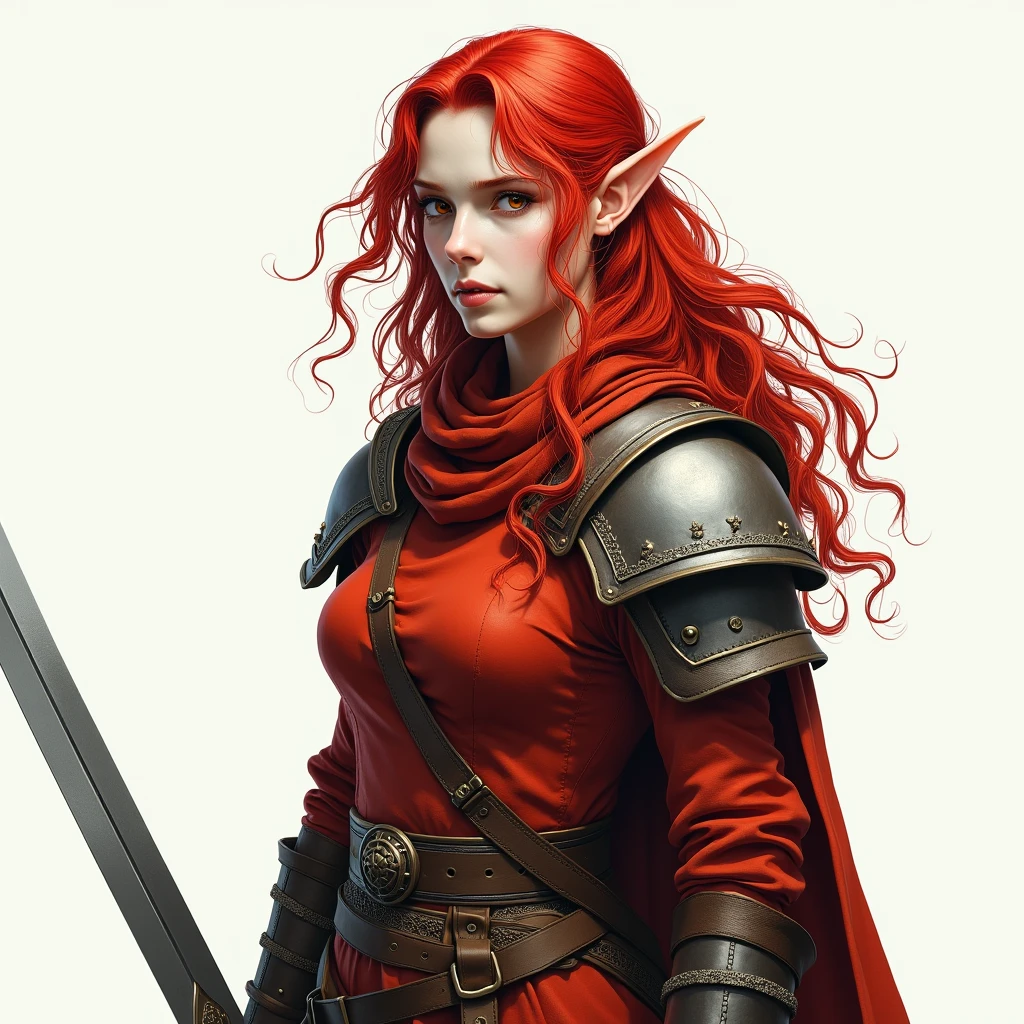 Make a VERY REALISTIC fantasy style drawing of an elf , red with loose curly hair, white skin with war clothes and sword 