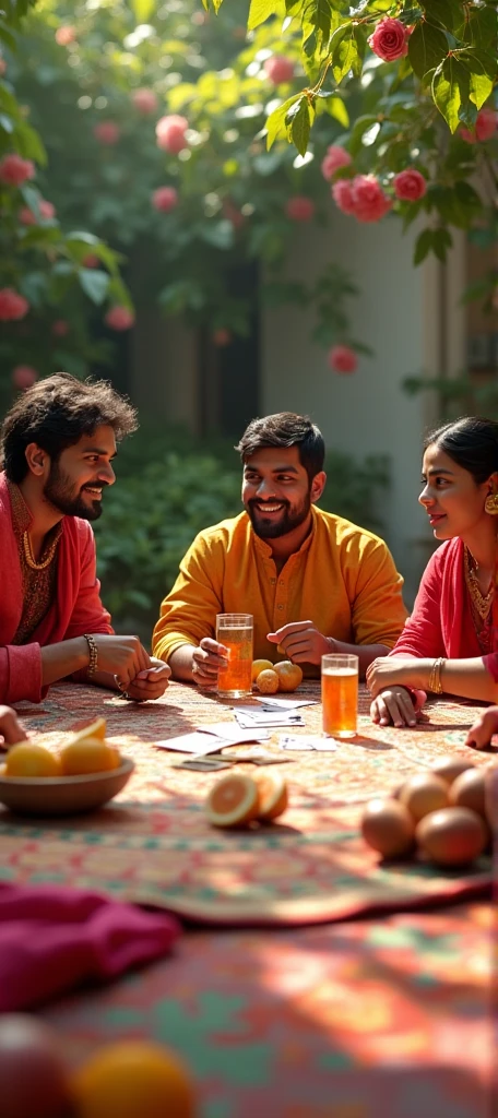 Slightly upward camera angle，(best quality, high resolution, HDR, Practical), Bright colors, Extremely detailed description, (Concept Artist), Four young Indian men and women play a card game together，Dramatic visuals，They communicated with exaggerated gestures.，Looking at the audience，(portrait:1.1) ，Thick carpets are laid with fruits and drinks，Paper money coins，vintage poker coins, Garden away from the city, Blooming flowers, Happy expression, Happy smile，