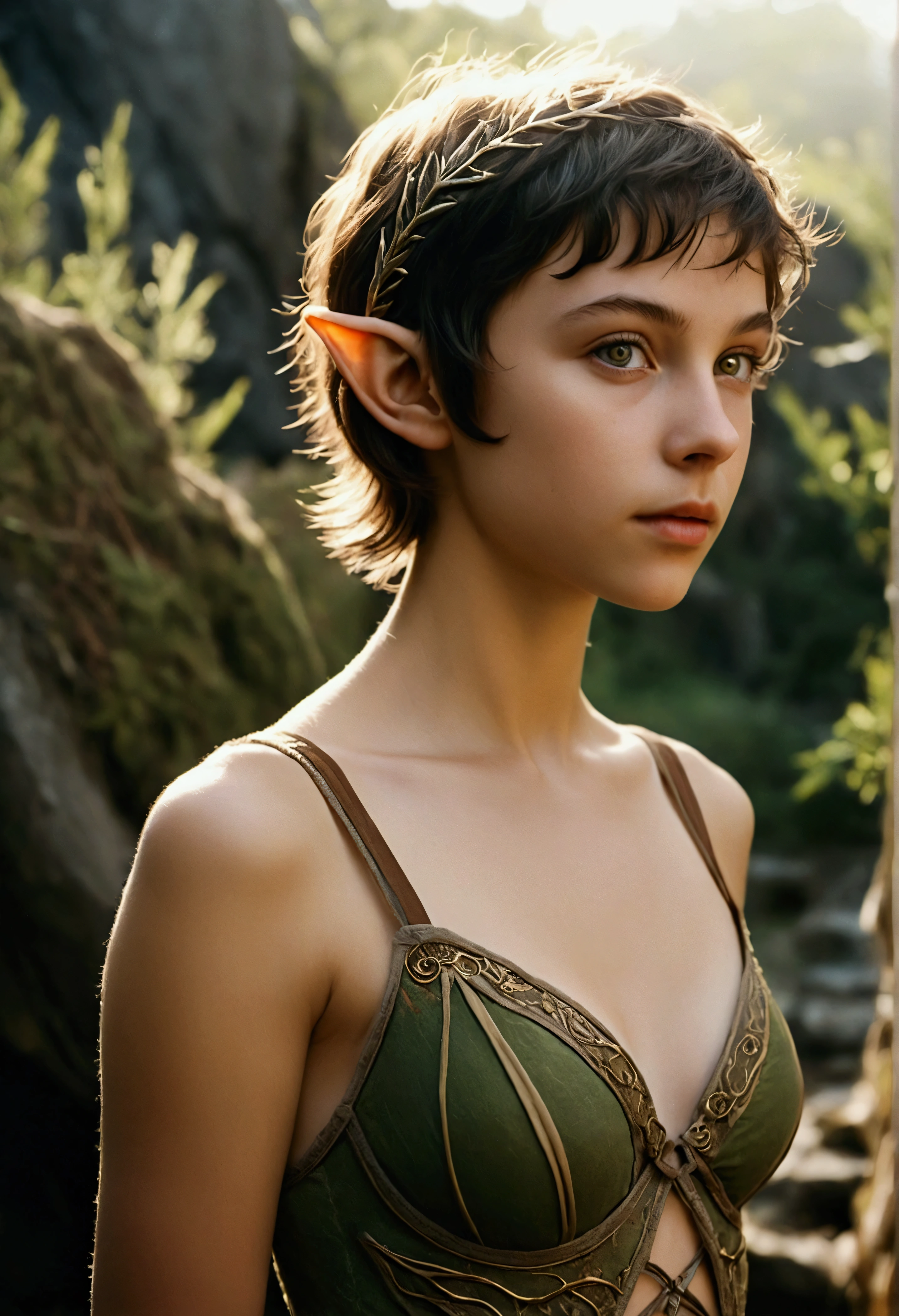 analog film photo, photo of a young elven girl, 18 years old, elf ears, amber eyes, dark brown hair, shaggy pixie cut, sun-tanned complexion, olive skintone, slender hourglass figure, narrow waist, full hips, plump buttocks, wearing elven lingerie, resembles Mackenzie Foy, strolling through a fantasy landscape, RAW Photograph, dslr, soft lighting, high quality, film grain, Fujifilm XT3, detailed skin with visible pores, insane details, masterpiece, 8k, 35mm photograph, dslr, kodachrome, faded film, desaturated, grainy, vintage, Lomography, stained, highly detailed, found footage, close-up shot, elven ears
