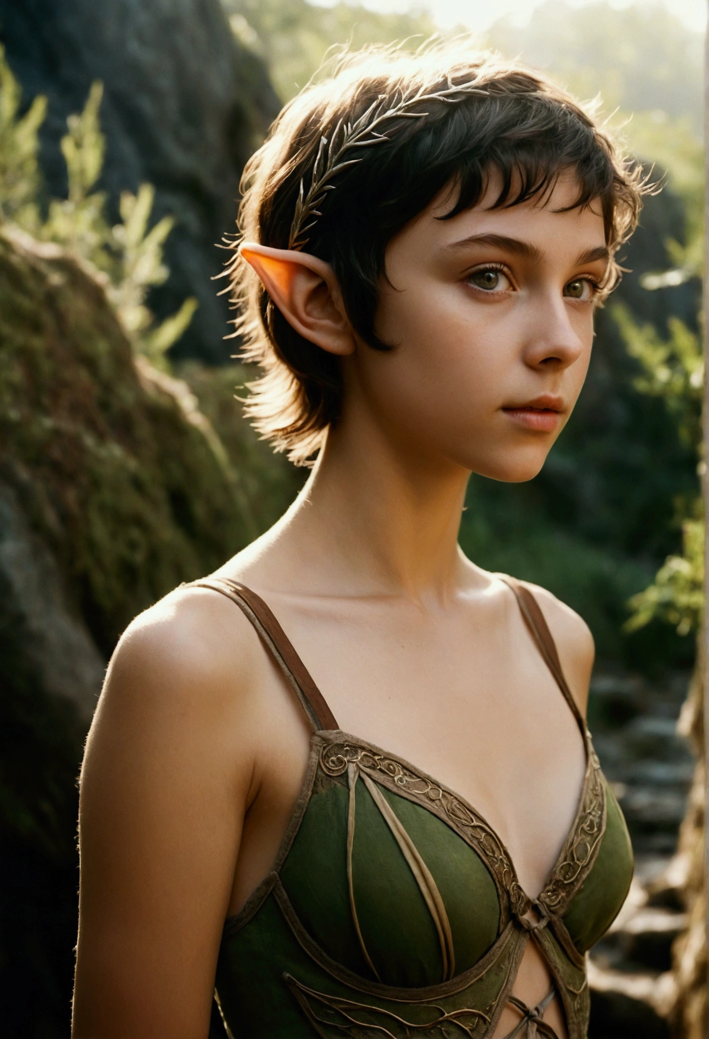 analog film photo, photo of a young elven girl, 18 years old, elf ears, amber eyes, dark brown hair, shaggy pixie cut, sun-tanned complexion, olive skintone, slender hourglass figure, narrow waist, full hips, plump buttocks, wearing elven lingerie, resembles Mackenzie Foy, strolling through a fantasy landscape, RAW Photograph, dslr, soft lighting, high quality, film grain, Fujifilm XT3, detailed skin with visible pores, insane details, masterpiece, 8k, 35mm photograph, dslr, kodachrome, faded film, desaturated, grainy, vintage, Lomography, stained, highly detailed, found footage, close-up shot, elven ears