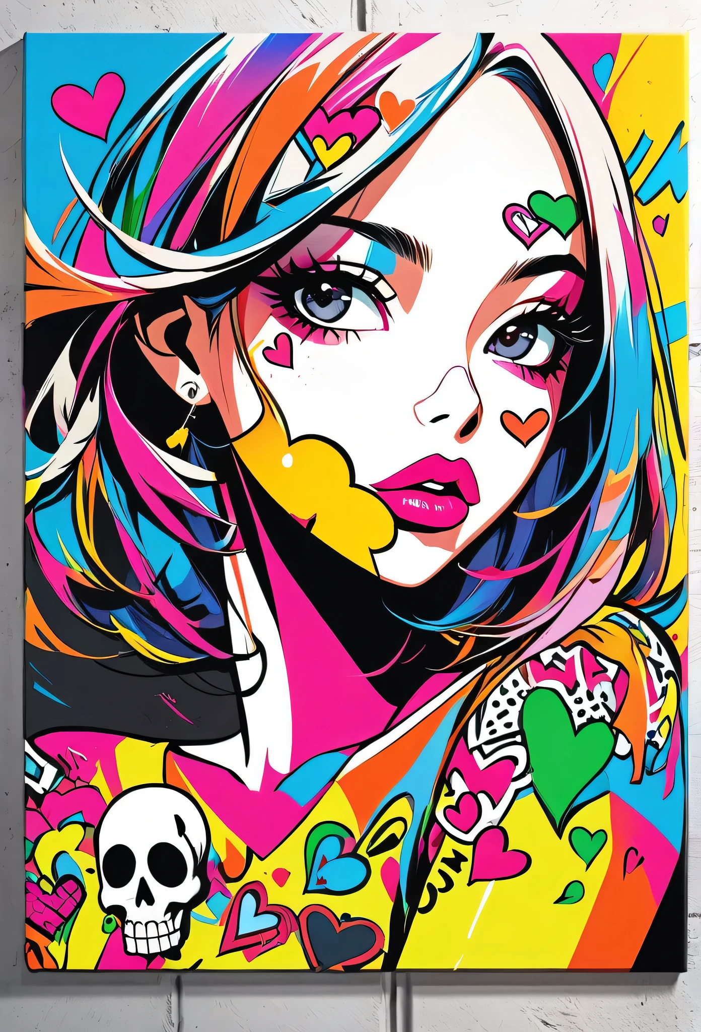 Ultra-realism Keith Haring colorful style, Simple Line Initialism，Abstract art，(((The most beautiful girl of all time))), Sweet face. Lips in love, colorful hearts, stylish design, Summer Skull fashion, Dark Eyes, Graffiti on the wal