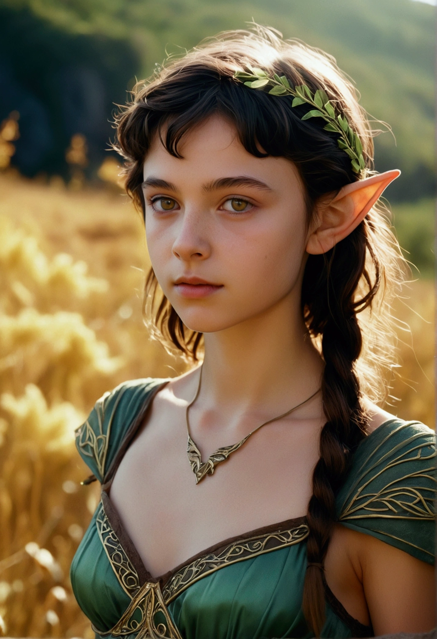 analog film photo, photo of a young elven girl, 18 years old, elf ears, amber eyes, dark brown hair, shaggy pixie cut, sun-tanned complexion, olive skintone, slender hourglass figure, narrow waist, full hips, plump buttocks, wearing elven lingerie, resembles Mackenzie Foy, strolling through a fantasy landscape, RAW Photograph, dslr, soft lighting, high quality, film grain, Fujifilm XT3, detailed skin with visible pores, insane details, masterpiece, 8k, 35mm photograph, dslr, kodachrome, faded film, desaturated, grainy, vintage, Lomography, stained, highly detailed, found footage, close-up shot, elven ears