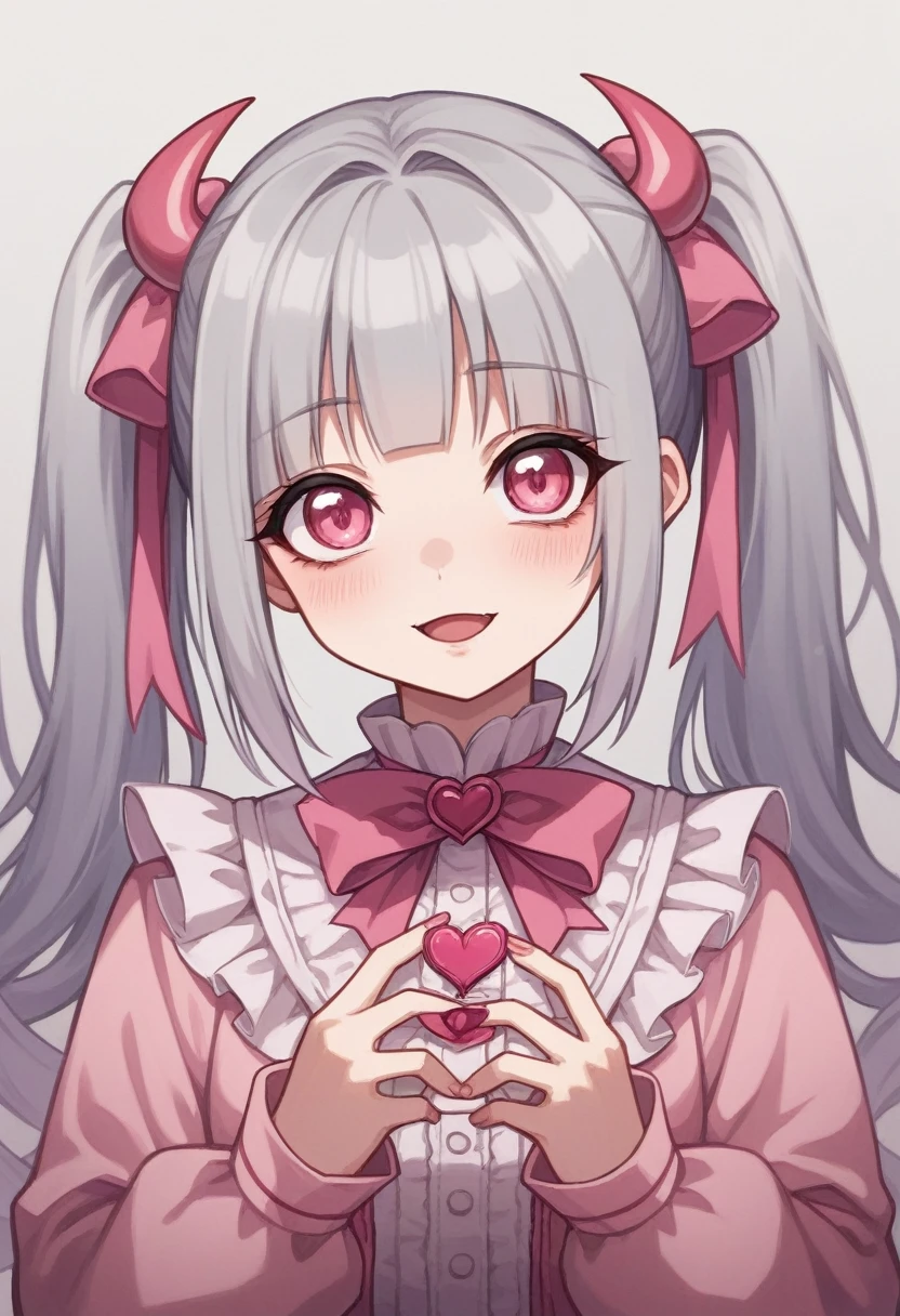 sweet ta fashion, very cute, pink, ribbon, devil, Gray Hair, Pink Eyes, girl, danger, cruel, heart, ツインテール, Silky Hair, Devil girl, Mean, The Best Devil Girl, Hair that sparkles, Pink clothes, pink ornament, Anatomically correct body, Soft skin, Pink Devil's Horn, Silky Hair, with thick twin tails, most kawaii, cutest, devil, Eyes that seem to be sucked in, Winner of numerous awards, Blunt cut hair, ストレートのツインテール, Natural Light、Realistic texture, Masterpiece、devil