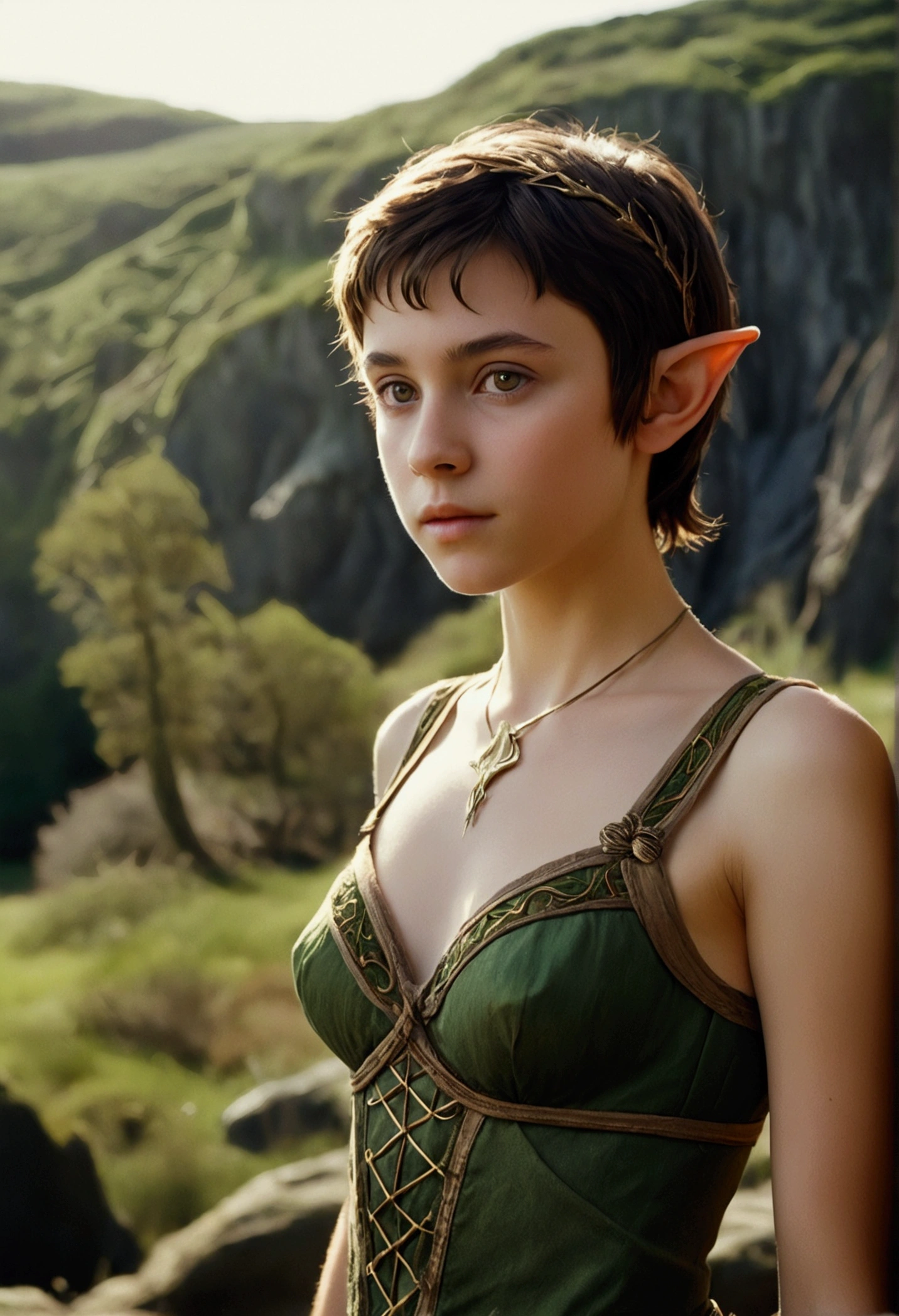 analog film photo, photo of a young elven girl, 18 years old, elf ears, amber eyes, dark brown hair, shaggy pixie cut, sun-tanned complexion, olive skintone, slender hourglass figure, narrow waist, full hips, plump buttocks, wearing elven lingerie, resembles Mackenzie Foy, strolling through a fantasy landscape, RAW Photograph, dslr, soft lighting, high quality, film grain, Fujifilm XT3, detailed skin with visible pores, insane details, masterpiece, 8k, 35mm photograph, dslr, kodachrome, faded film, desaturated, grainy, vintage, Lomography, stained, highly detailed, found footage, close-up shot, elven ears

