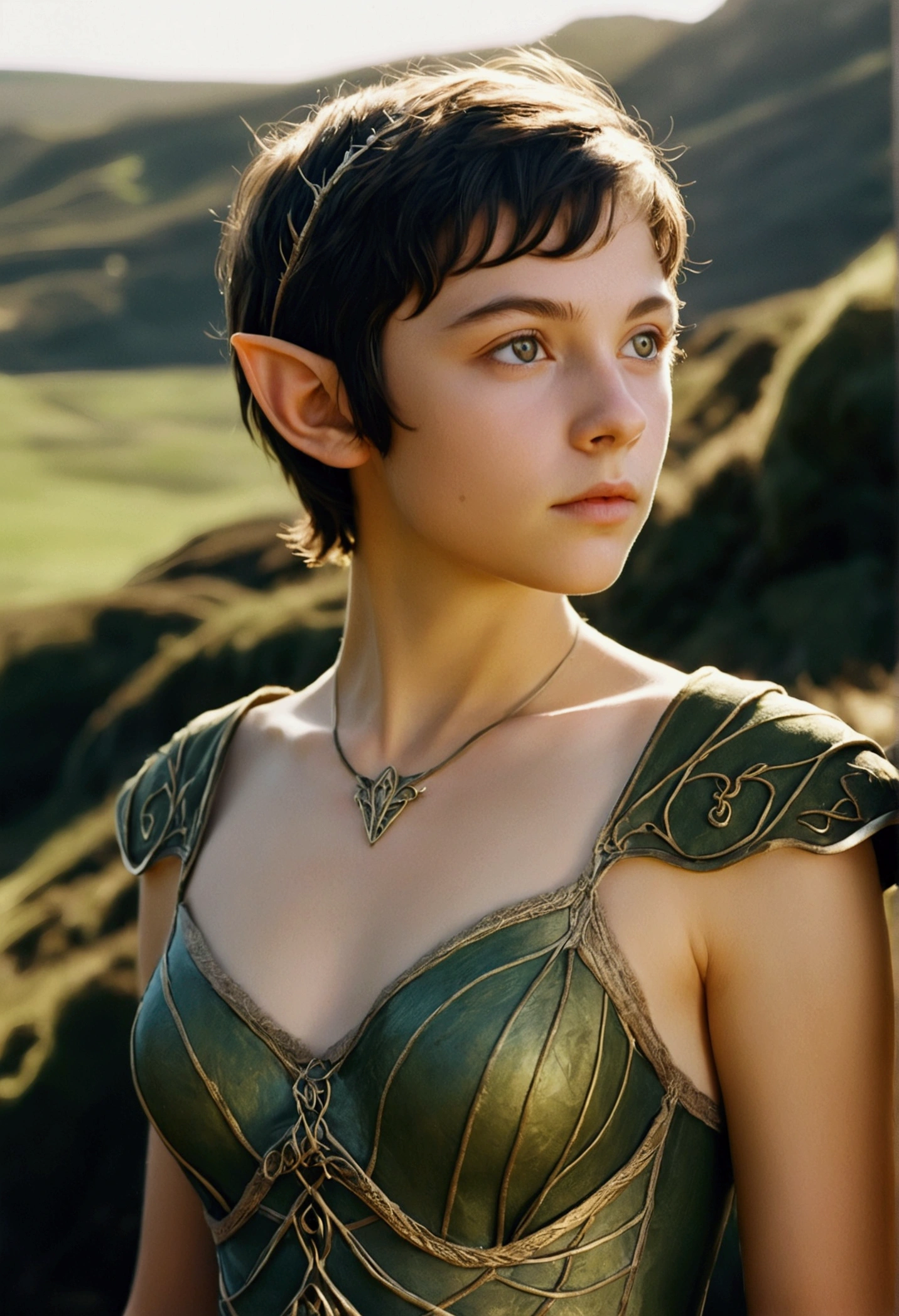 analog film photo, photo of a young elven girl, 18 years old, elf ears, amber eyes, dark brown hair, shaggy pixie cut, sun-tanned complexion, olive skintone, slender hourglass figure, narrow waist, full hips, plump buttocks, wearing elven lingerie, resembles Mackenzie Foy, strolling through a fantasy landscape, RAW Photograph, dslr, soft lighting, high quality, film grain, Fujifilm XT3, detailed skin with visible pores, insane details, masterpiece, 8k, 35mm photograph, dslr, kodachrome, faded film, desaturated, grainy, vintage, Lomography, stained, highly detailed, found footage, close-up shot, elven ears