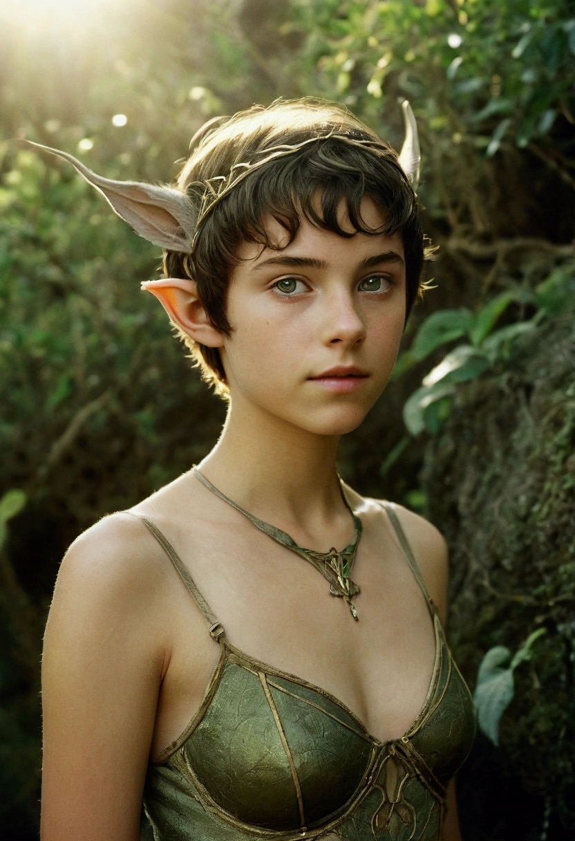 analog film photo, photo of a young elven girl, 18 years old, elf ears, amber eyes, dark brown hair, shaggy pixie cut, sun-tanned complexion, olive skintone, slender hourglass figure, narrow waist, full hips, plump buttocks, wearing elven lingerie, resembles Mackenzie Foy, strolling through a fantasy landscape, RAW Photograph, dslr, soft lighting, high quality, film grain, Fujifilm XT3, detailed skin with visible pores, insane details, masterpiece, 8k, 35mm photograph, dslr, kodachrome, faded film, desaturated, grainy, vintage, Lomography, stained, highly detailed, found footage, close-up shot, elven ears