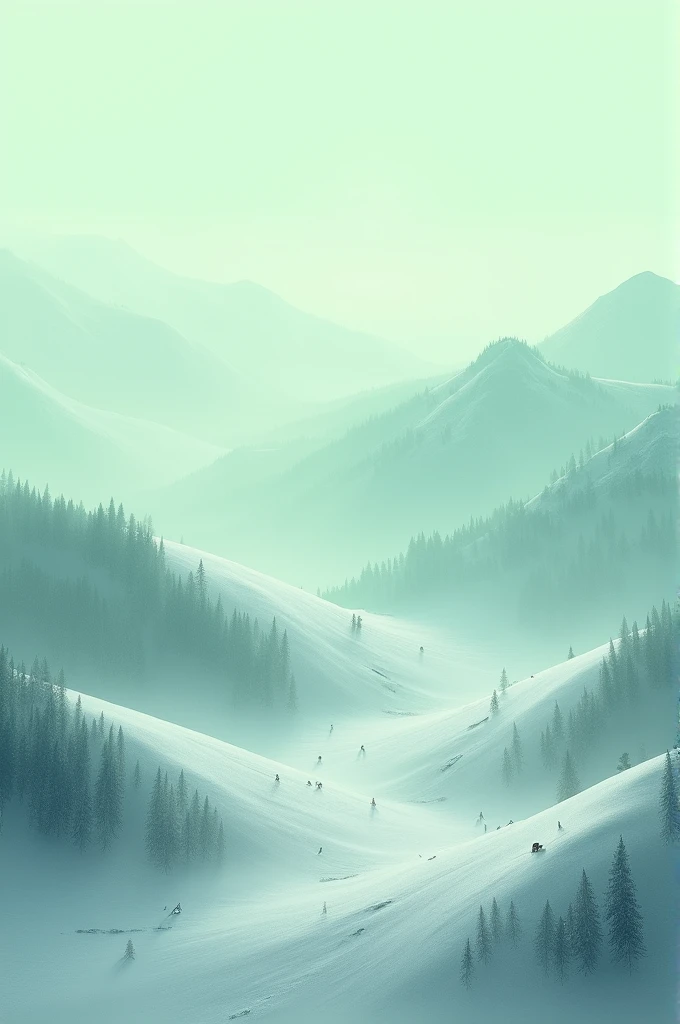 Misty, snowy greenish hills and mountains 