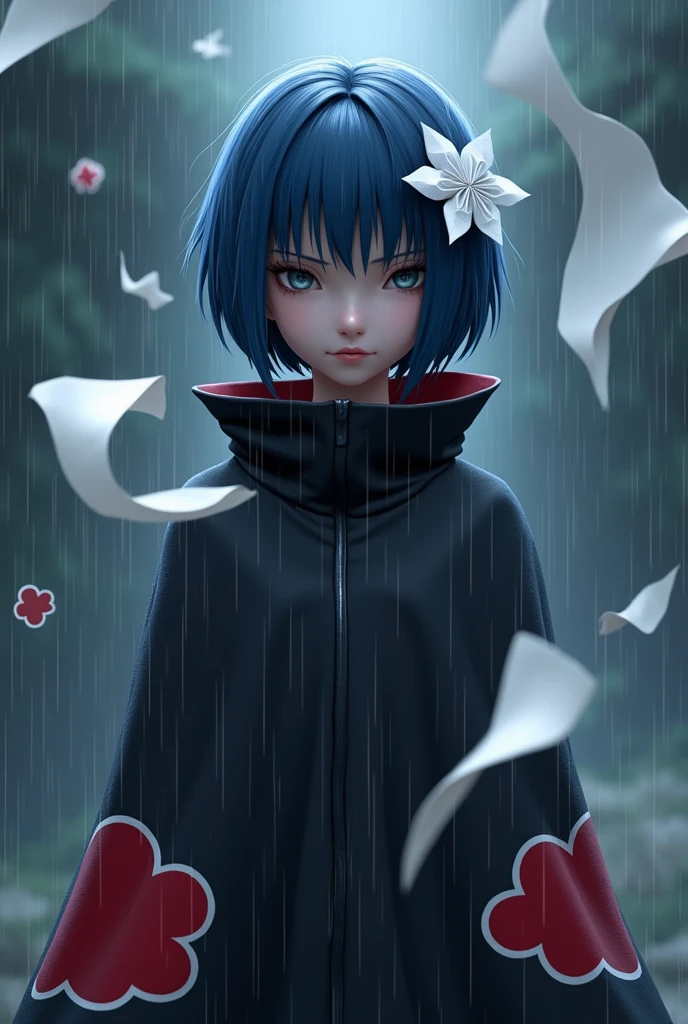 Create a 3D image of a female ninja inspired by Konan from the Akatsuki. She has short, sleek blue hair adorned with a white origami paper flower on one side, giving her a distinct and elegant look. Her eyes are calm and calculating, with a hint of sadness. She wears a long, dark cloak emblazoned with red clouds, typical of the Akatsuki, and her hands are poised as if about to perform a jutsu, with paper sheets beginning to fold and flutter around her, forming intricate shapes. The background is a dark, rain-soaked landscape, with sheets of rain falling heavily, enhancing the somber and mysterious mood. The lighting casts subtle shadows, highlighting her composed yet formidable presence.