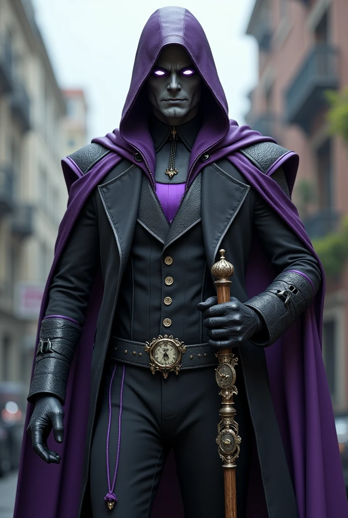 Make a man with gray skin, with an old-style superhero suit, black and purple in color. Covering his head with the suit, and having a cane with a clock , he has the powers to change the weather