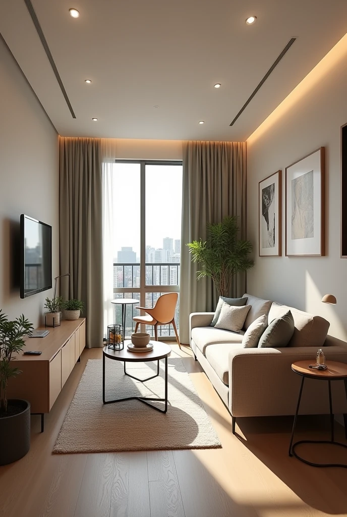 25 m2 studio apartment furnished with living room furniture, bedroom and kitchen