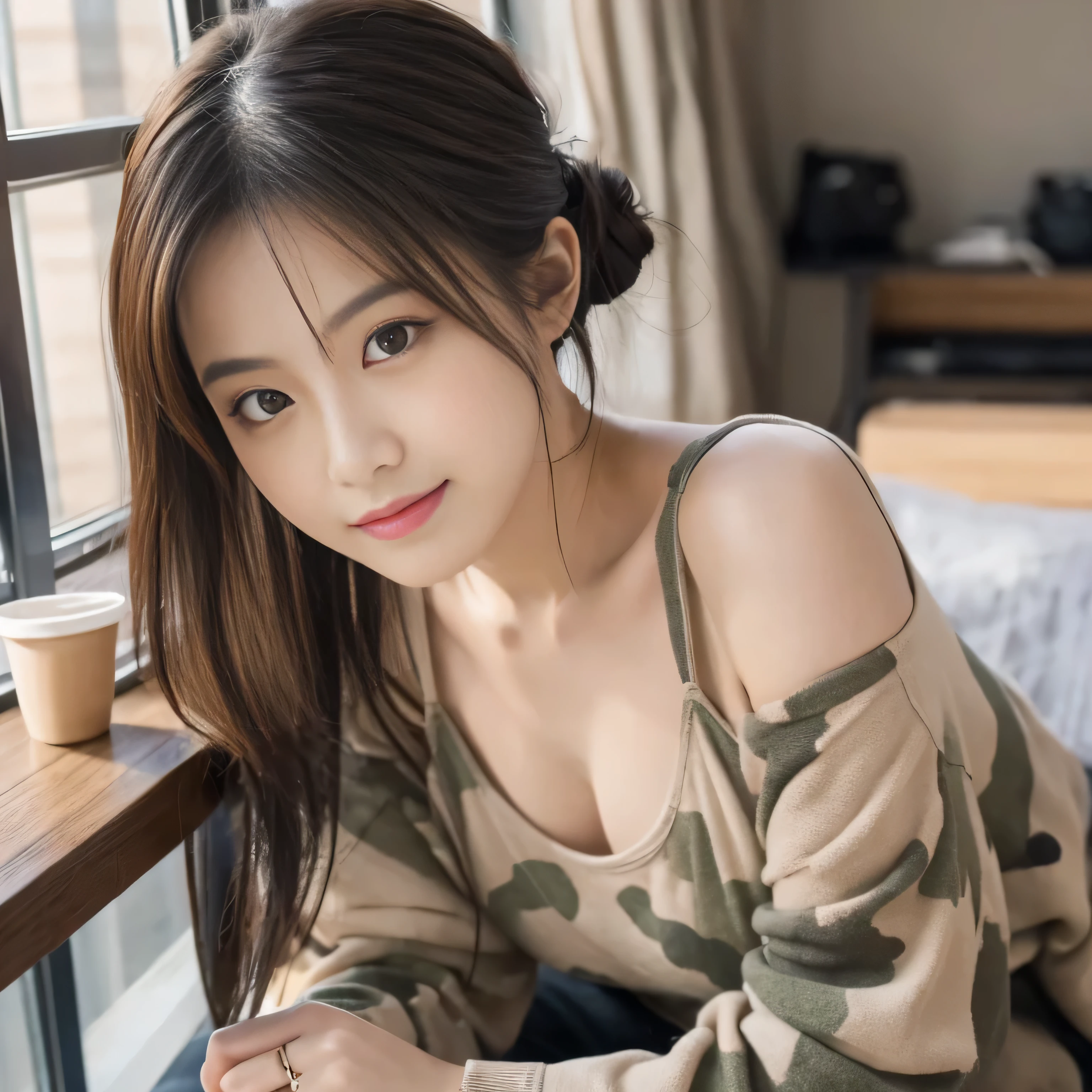 (masterpiece), Very realistic, her cheeks turn red、Droopy eyes、 Non-NSFW, (Perfect Anatomy), 8k resolution, wonderful, elegant, Hyperrealism, Approaching perfection, dynamic, Very detailedな, Smooth, 超High resolution, Alchemy Smooth upscaled images ,HD resolution, High Quality Boost, Contrast Boost, Professional alchemy、Oversized camouflage pants、Military Pants、The upper body is a tight white tank top.、Expressionless、美しいJapanese people women、cute、Small breasts、university student、22 years old、Hair tied up、1people、Very beautiful Japanese idol portraits、RAW Photos,Highest quality、Genuine、Very delicate and beautiful,Very detailed,2k wallpaper,wonderful,In detail,Highly detailed CG Unity 8K wallpapers,Very detailed,High resolution,Soft Light,Beautiful detailed,Very detailed eyes and face,Beautiful and sophisticated nose,Beautiful and beautiful eyes,Cinema Lighting,(Simple light color background:1.3)、Complete Anatomy、Slender body、Small breasts、{A dimly lit Nordic cafe}、{Lots of houseplants}、 {Morning sunlight filtering through the trees}、{Drink coffee}、{Hair tied up}、{sit cross-legged on a chair}、Concrete wall、Agave on the table、美しいJapanese people women、Perfect dynamic composition、Tilt your head、Model body type、 masterpiece、Highest quality、超High resolution、Ultra-high resolution photos、Smooth upscaled images 、HD resolution,、High Quality Boost,、Contrast Boost、Hyperrealism、Super fine、8k、elegant、 1people、Japanese people women、美しいJapanese people women、Ultra detailed face,、Captivating smile、cute、White skin、Fair skinの美しい肌、Brown eyes、Beautiful symmetrical face、Small face、Age 25、Beautiful black hair、 Beautiful small breasts、Skin between genuine people、Perfect figure、Perfect Anatomy's Body Type、whole body photos、Detailed and realistic people bodies、Detailed and realistic skin、Realistic face in every detail、Detailed and realistic eyes、Detailed and realistic lips、Detailed and realistic teeth、Detailed and realistic ears、Detailed and realistic hair、Beautiful Hands、Realistic feet down to the last detail、Realistic breasts down to the last detail、Realistic areola down to the last detail、Realistic nipples down to the last detail、Realistic female genitalia down to the smallest detail、Realistic vagina down to the last detail、Detailed and realistic clitoris、Realistic anus down to the last detail、Thick pubic hair with realistic detail、whole body、whole bodywhite skin、Fair skin、Check and fix the skeleton、Pubic hair is thick、Thick pubic hair、 Completely naked、urination、Pleasant expression、Blushing cheeks and an ecstatic expression, Leaking urine、A sex toy is inserted into the anus、Put your arms behind your back、Open your mouth、 Scandinavian-style cafe、Scandinavian interior、Wooden table、Surrounded by plants、