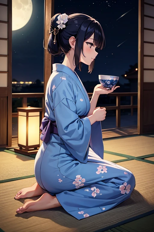 Anime Art、Full body portrait、Moonlit night window、profile、１A woman about 37 years old, wearing a light blue yukata with flower patterns, about 175cm tall, sitting with a small sake cup, looking up at the moon.、She has a semi-long hairstyle, tied up.、Blushing、Black Hair、Dark Eyes、Smiling、Purple waistband、Lantern
