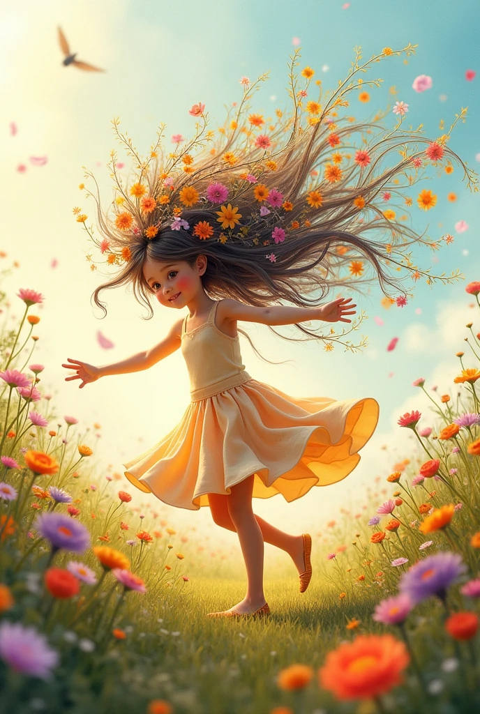 A whimsical girl with long, flowing hair made of flowers, dancing in a field of vibrant colors. Rendered in a dreamy, watercolor style.
